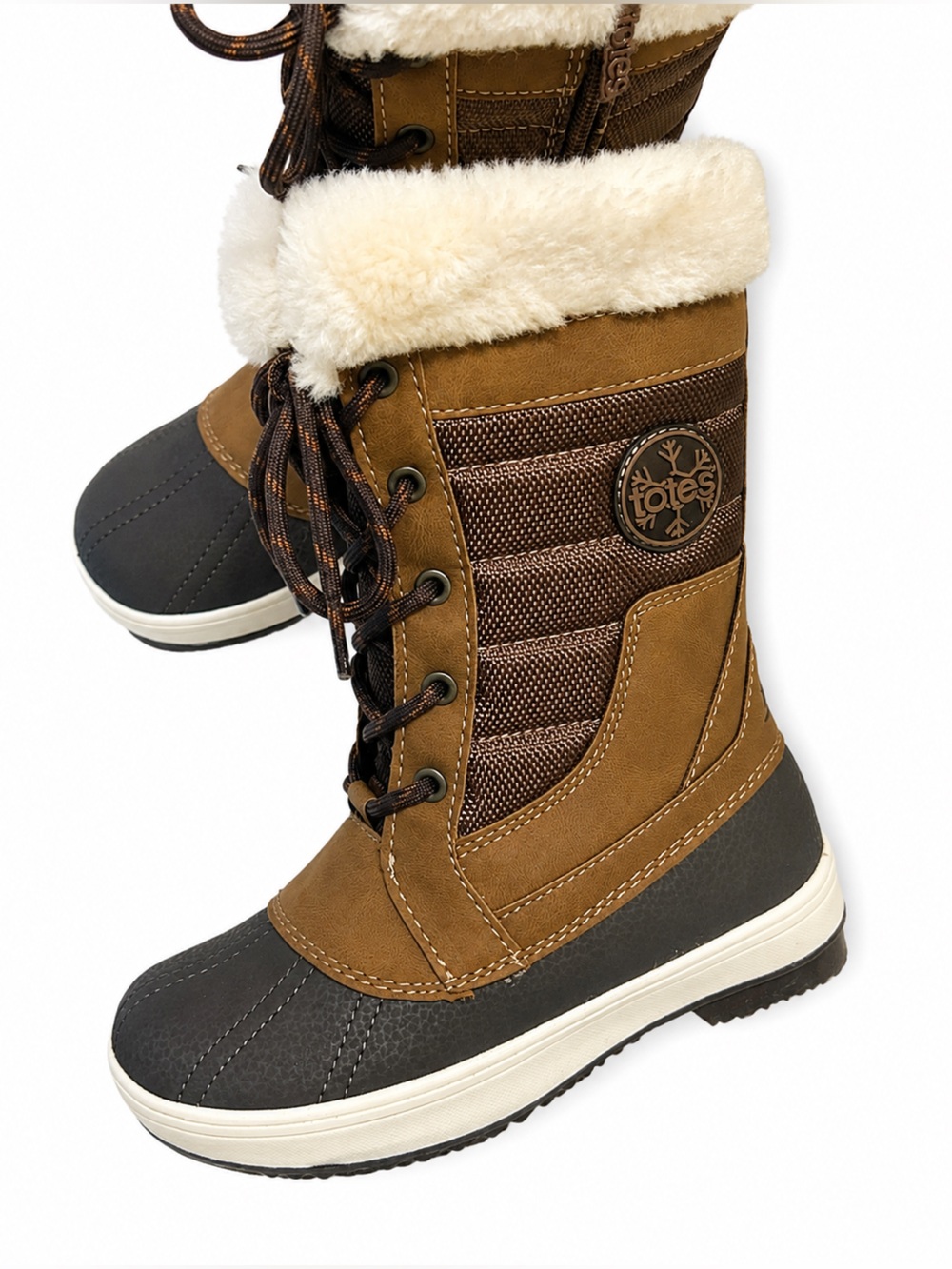 Totes Girls Size 12 Insulated Winter Boots Brown Black Faux Fur LaceUp Snow Boot